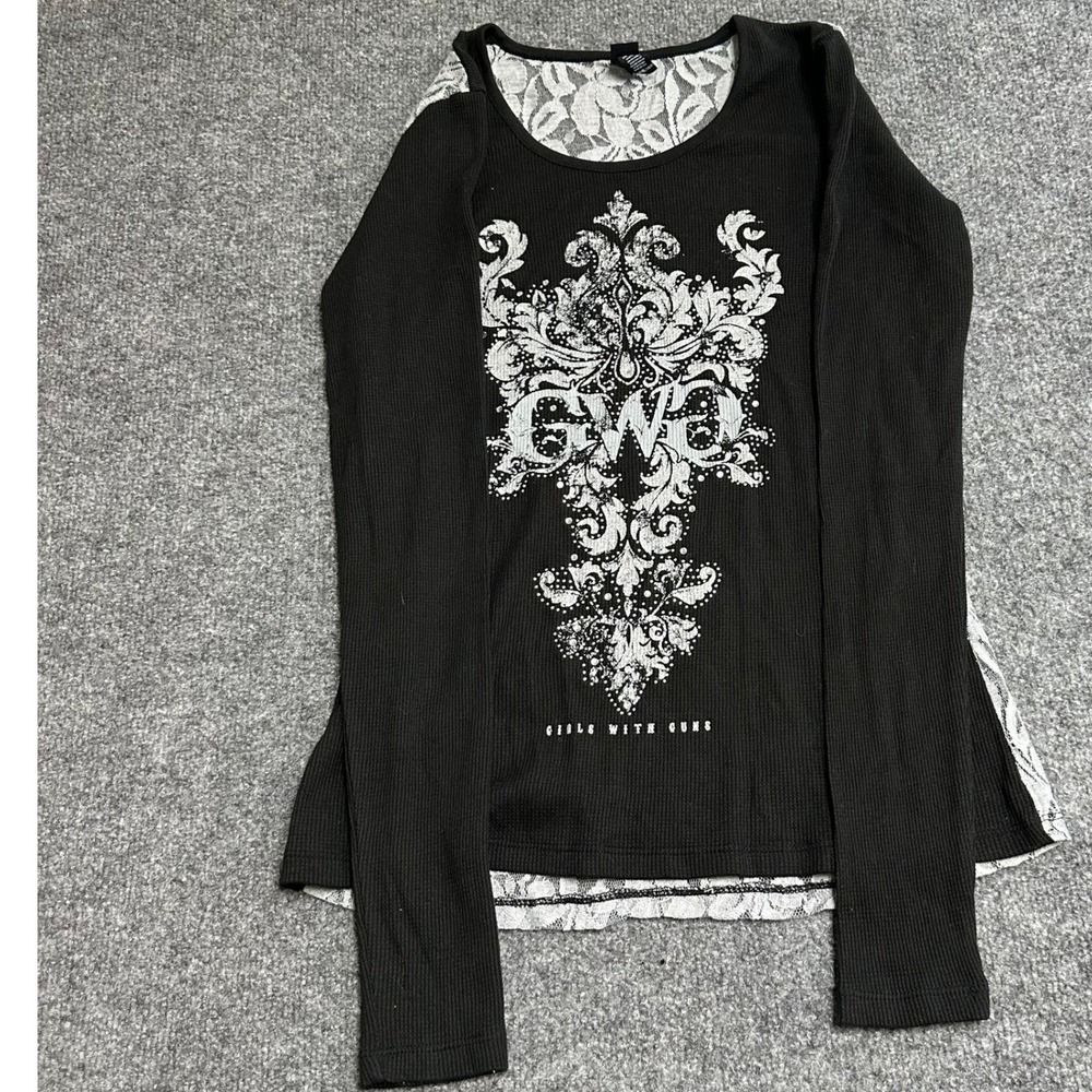 Girls With Guns Shirt Womens Size M Black Lace Back Thermal Waffle Knit Graphic